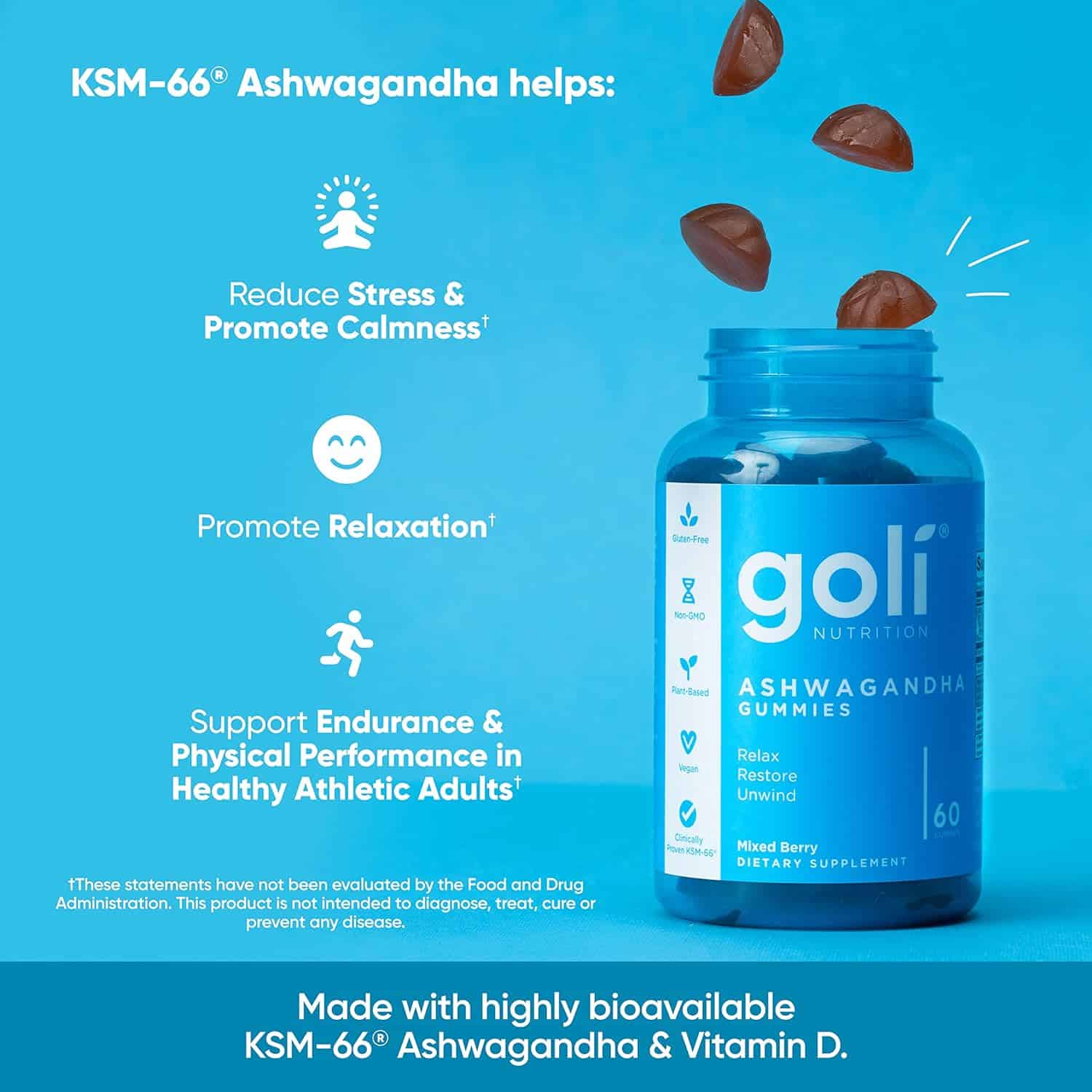 Goli Ashwagandha & Vitamin D Gummy - 60 Count - Mixed Berry, KSM-66, Vegan, Plant Based, Non-GMO, Gluten-Free & Gelatin Free Relax. Restore. Unwind, Pack of 1 - Image 4