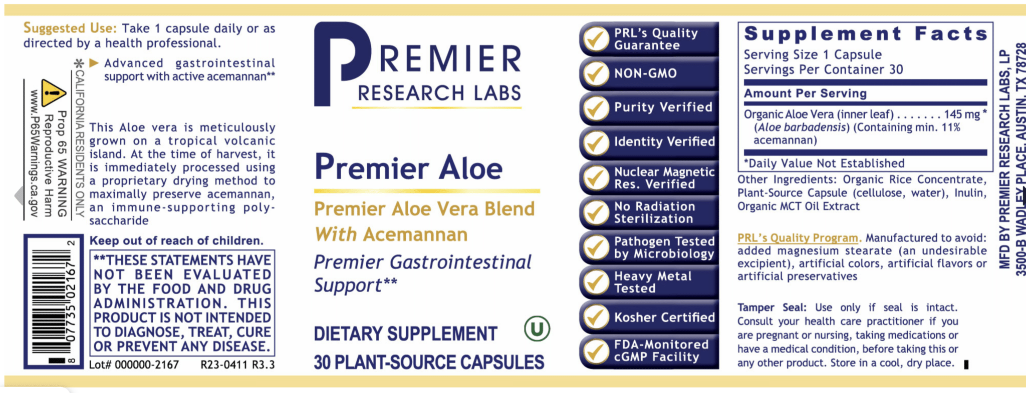 Premier Aloe - 30 capsules label